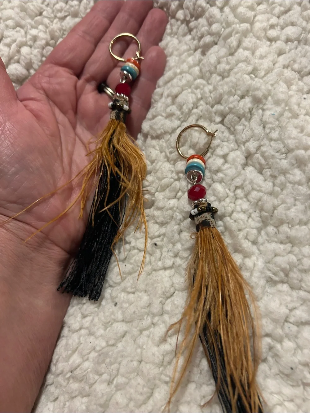 Bohemian Tassel Hoop Earrings with Black and Tan Fringe